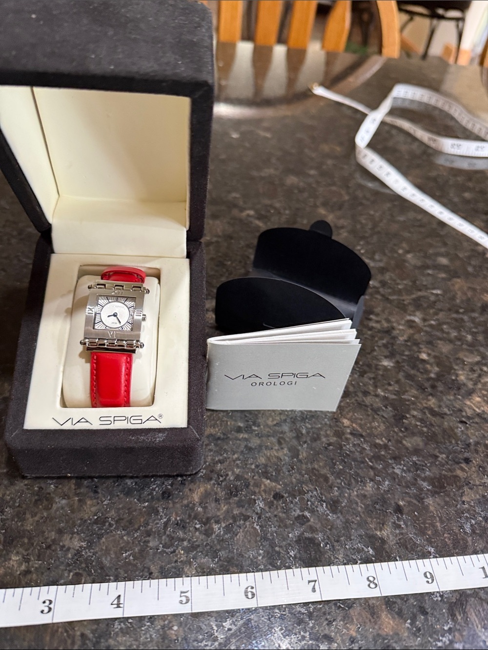 Via Spiga Red Leather Strap Silver-Tone Square Watch - Picture 2 of 6